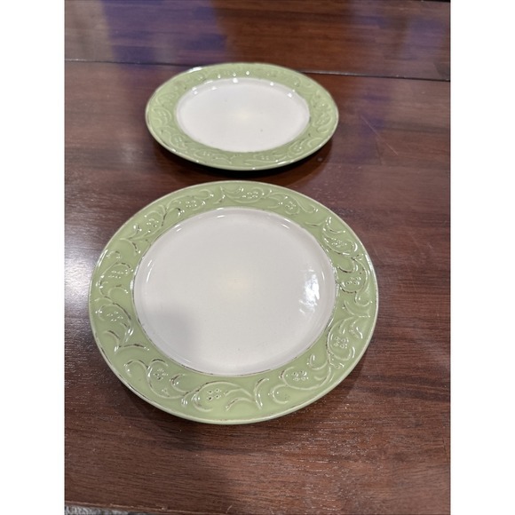 Pier 1 Antique Floral Salad Plates  2 Stoneware Green Embossed Flowers‎ 8 1/2" - Picture 1 of 4